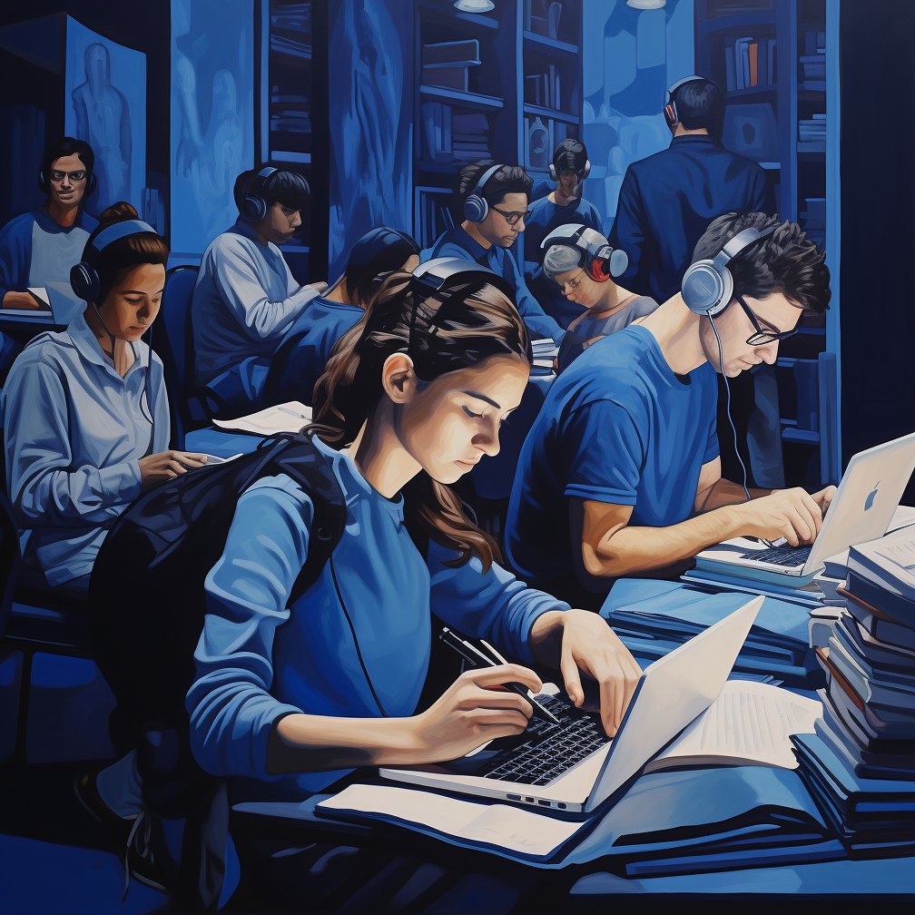 Created with Midjourney. Prompt: “A group of students working among books, papers, and laptops in a blue-tone room.”